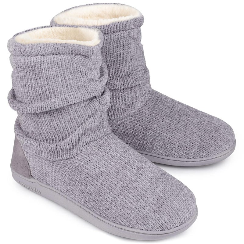 LongBay Women's Chenille Knit Bootie Slippers Cute Plush Fleece Memory Foam House Shoes (Medium / 7-8 B(M), Grey) - Image 1